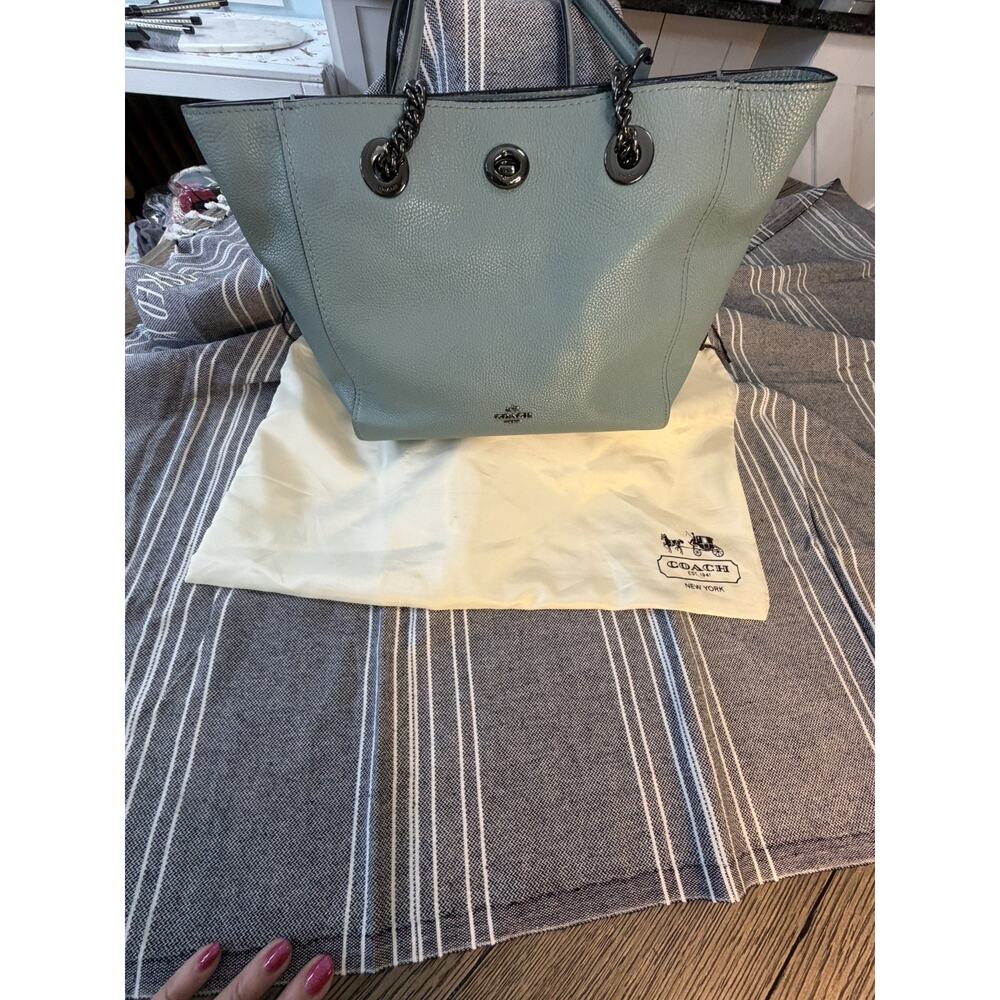 Coach Light Blue Pebbled Shoulder Bag with Chain, Logo, Turn Lock & Tag Accent - Picture 8 of 13